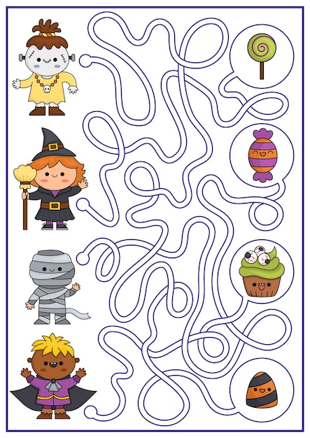 Halloween maze for kids Autumn holiday preschool printable activity with cute kawaii children