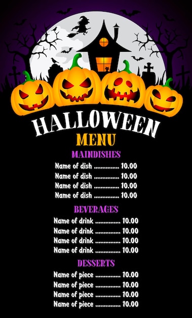 Sfondo del menu di halloween con zucche divertenti e casa delle streghe
