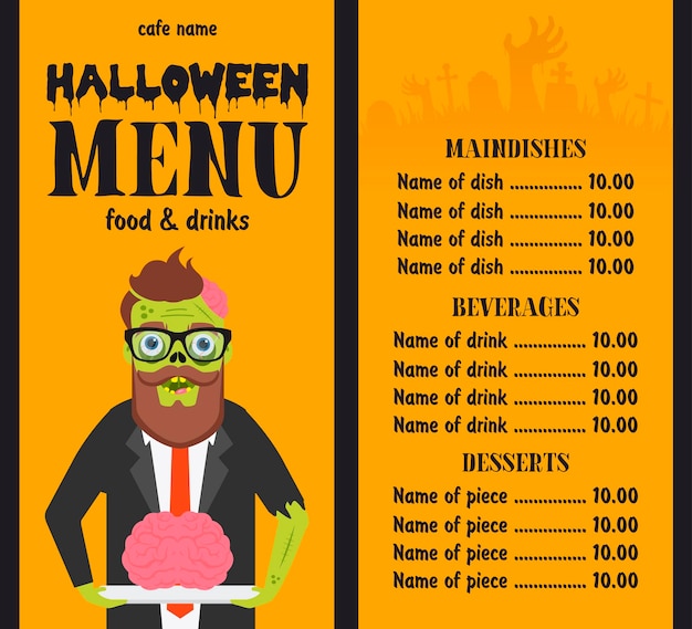 Halloween menu food and drinks flat design with zombie