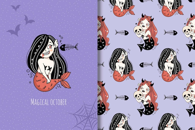 Vector halloween mermaid card and seamless pattern creepy cartoon mermaid vampire