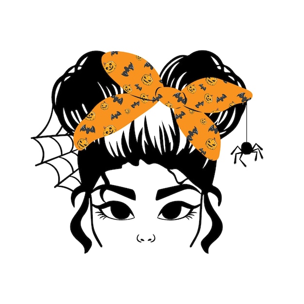 Vector halloween messy bun pumpkin bandana girl