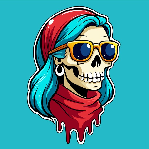 Vector halloween messy bun skull with bandana hand drawn cartoon character sticker icon concept isolated