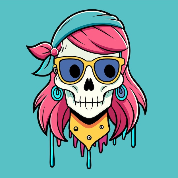 Vector halloween messy bun skull with bandana hand drawn cartoon character sticker icon concept isolated