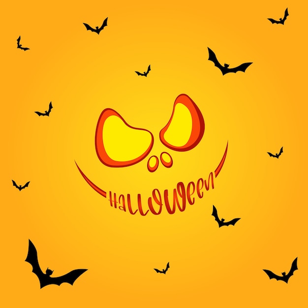 Halloween met eng gezicht van pompoen en vleermuizen premium vectorillustratie