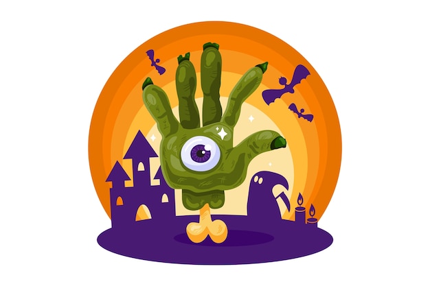 Halloween met zombiehand bij spookhuisillustratie