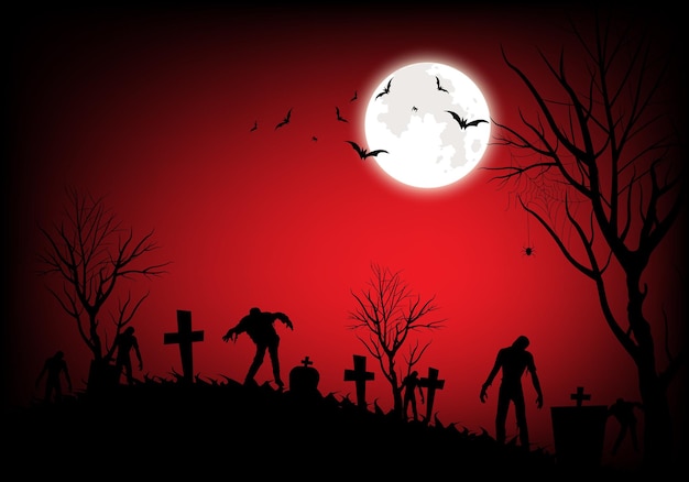 Halloween met zombies en maan op het kerkhof rode bloedige achtergrond