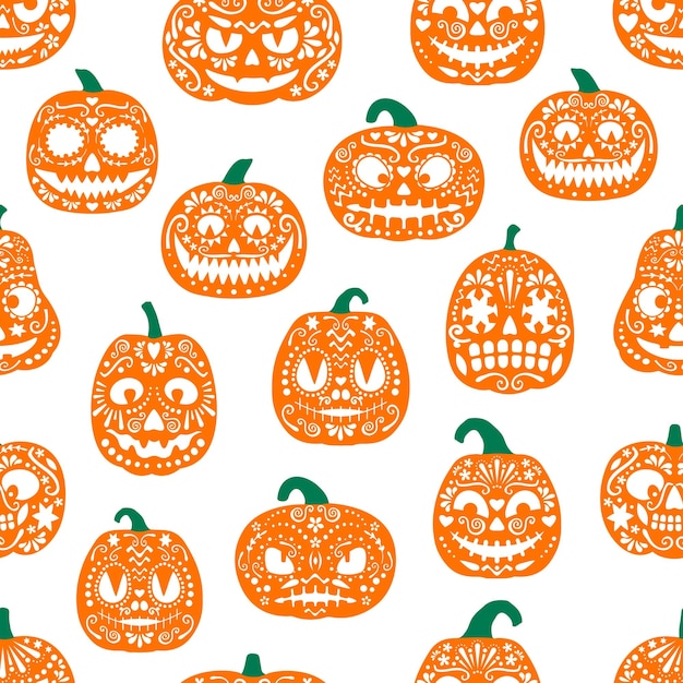Хэллоуин мексиканские тыквы бесшовный узор День мертвых Dia De Los Muertos праздник векторный фон из оранжевых тыкв с резными лицами, улыбками и орнаментами, вырезанными из бумаги.