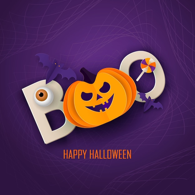 Modello di design moderno minimal di halloween per sito web, saluto o banner promozionale, volantino in stile taglio carta con zucca carina e altri elementi tradizionali di halloween su sfondo scuro.