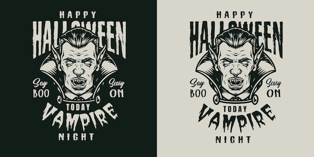 Монохромная этикетка на хэллоуин в винтажном стиле с страшной головой вампира