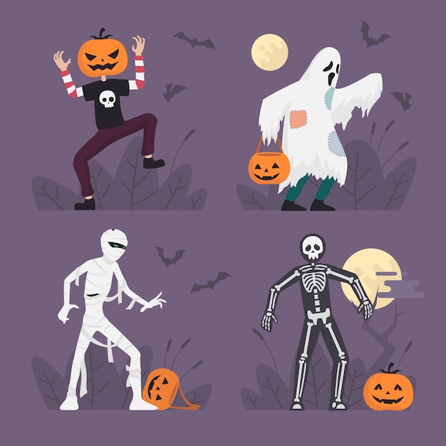 Costumi da mostro di halloween nella progettazione piana, illustrazione del personaggio di halloween, fantasma, mummia, scheletro