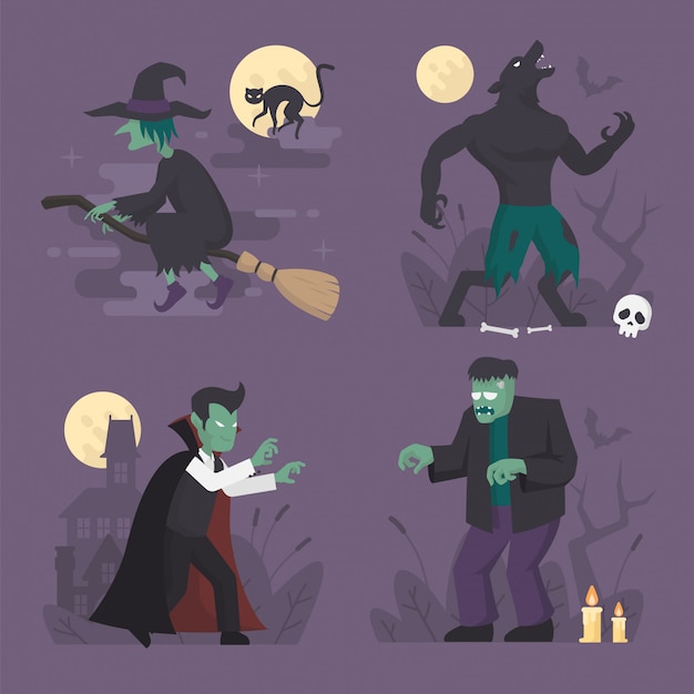 Costumi di mostri di halloween in design piatto, illustrazione di personaggi di halloween, vampiro, lupo mannaro, strega, frankenstein