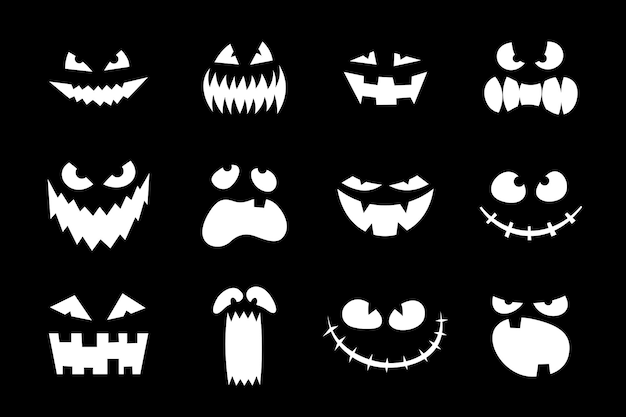 Vector halloween monster jack lantern pumpkin carved glowing scary face set on black background