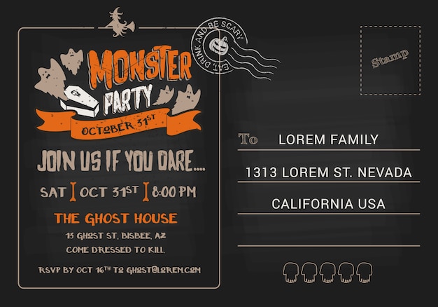 Halloween monster party postcard invitation template