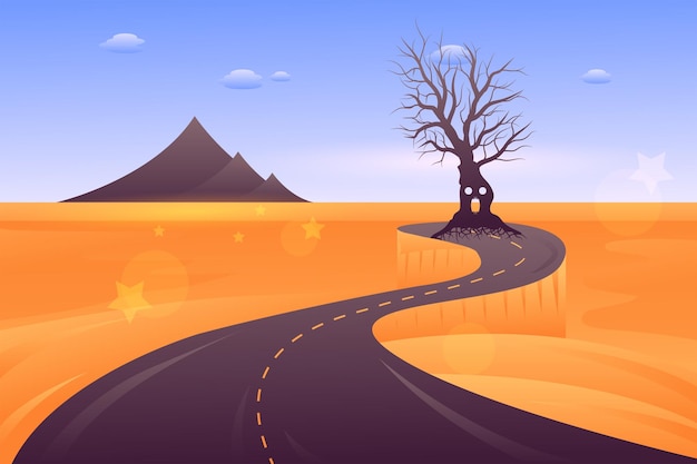 Vector halloween monster silhouette black tree in a road sahara landscape