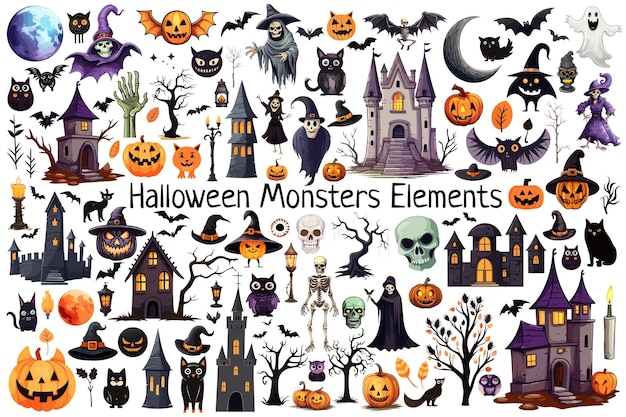 Halloween monsters elements set witch ghost cat bat moon spooky castle mummy skeleton pumpkins Concept cartoon style illustration with Sign and symbol