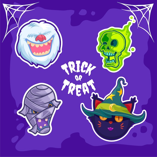 Halloween monsters universe sticker of yeti astral skull mummy and witch cat