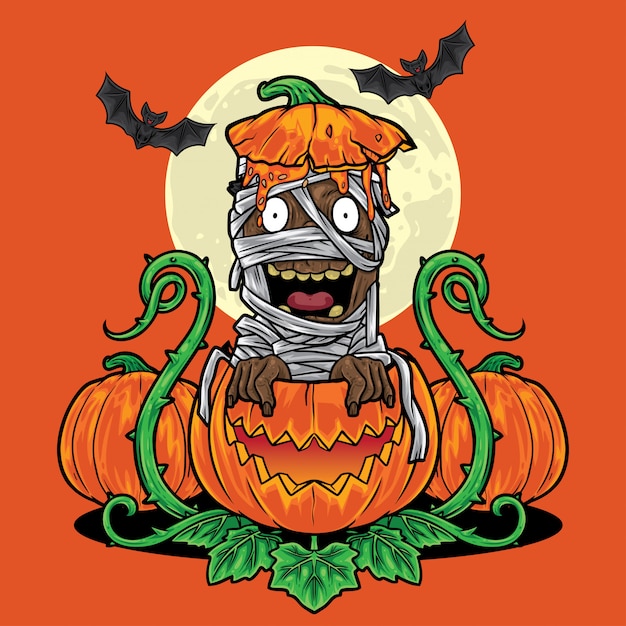 Halloween mummy coming out from pumpkin background