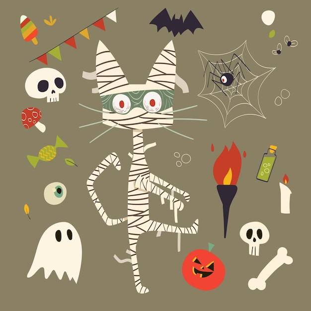 Vettore illustrazione del gatto sveglio del fantasma della mummia di halloween per la festa di halloween