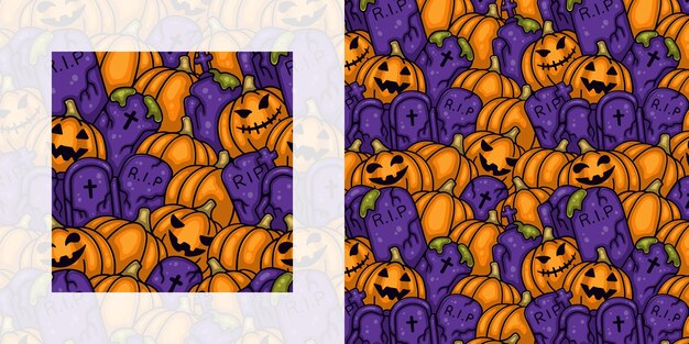 Halloween naadloos doodlepatroon van pompoenen op het kerkhof