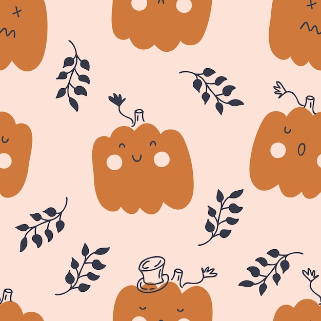 Halloween naadloos herfstpatroon met pompoenen en bladeren Perfect voor tshirt textiel en prints Hand getrokken vectorillustratie voor decor en design