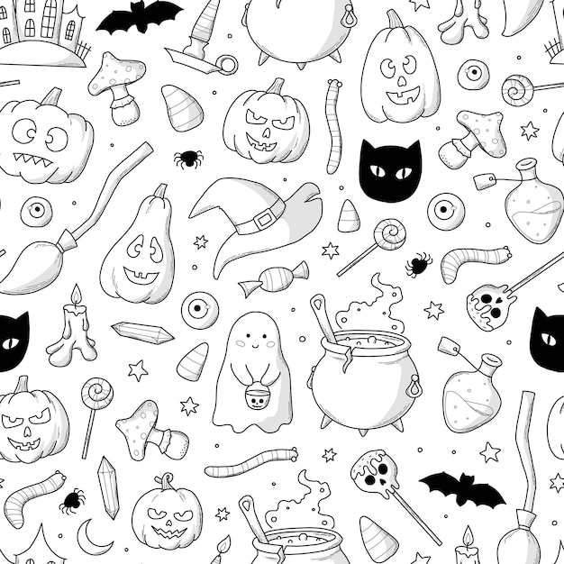 Halloween naadloos patroon met doodles cartoon elementen voor behang kinderkamer prints
