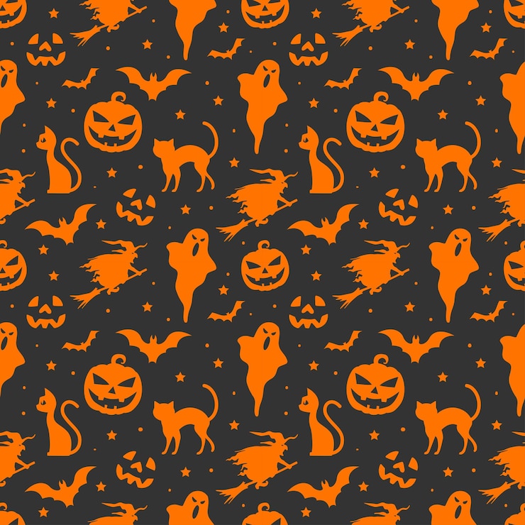 Vector halloween naadloos patroon met oranje halloween-elementen op donkere achtergrond