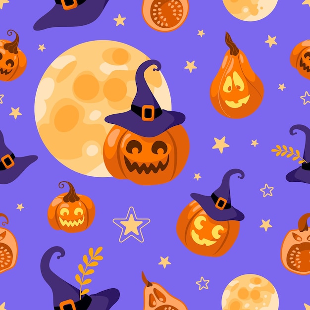 Halloween naadloze patroon maan, heks hoed, jack lantaarn, ster en bladeren. Op een paarse achtergrond. Heldere illustratie cartoon stijl. Voor behang, bedrukking op stof, verpakking, achtergrond.