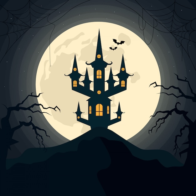 Halloween-nacht griezelig landschap met maan en eng kasteel. vector illustratie.