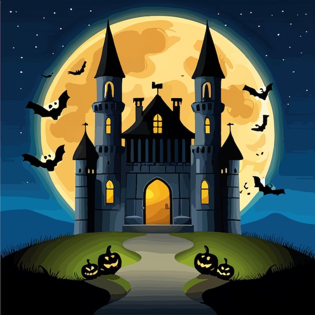 Halloween-nacht met zwart silhouetkasteel op de weg en vleermuizen tegen de achtergrond van de maan