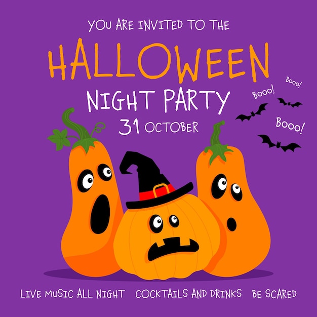 Halloween nacht partij poster sjabloonontwerp met enge geconfronteerd pompoenen en vliegende vleermuizen.