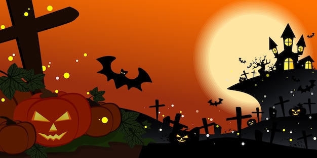 Halloween-nachtachtergrond met kasteel, knuppels, bomen, pompoenen, en volle maan