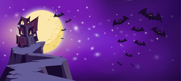 Halloween-nachtachtergrond met spookhuisvleermuizen en maan