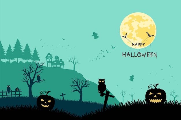 Halloween-nachtlandschap op silhouetachtergrond, vectorillustratie