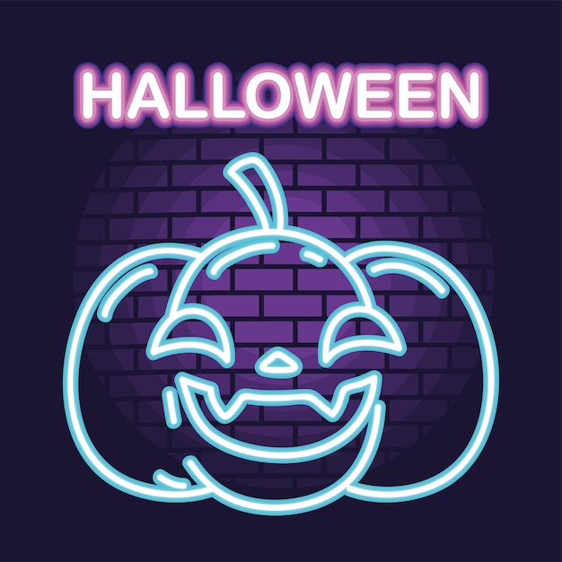 Vector halloween neon pumpkin in wall