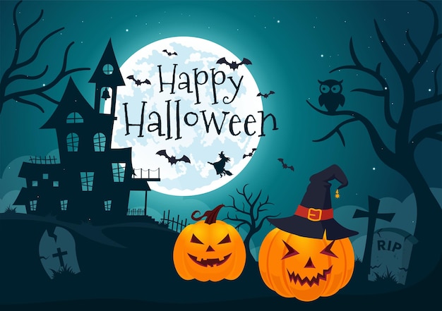 Vector halloween night background illustration with pumpkins on the moonlight and several other elements