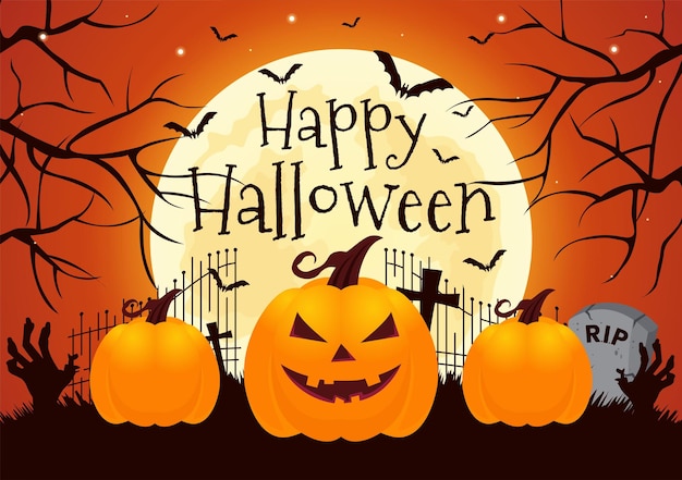 Illustrazione di sfondo notte di halloween con zucche al chiaro di luna e diversi altri elementi