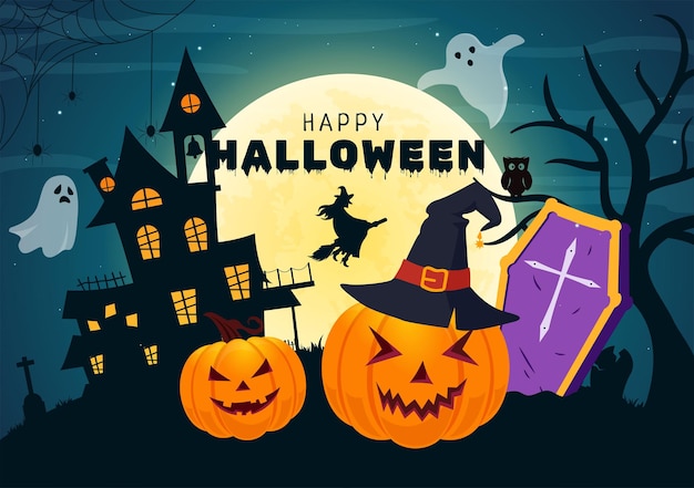 Halloween Night Background Illustration with Pumpkins on the Moonlight and Several Other Elements