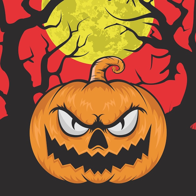 Halloween night background Pumpkin and full moon Vector retro banner