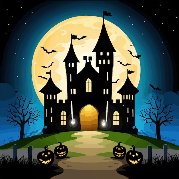 Halloween night background pumpkins and dark castle against background of the moon and bats vector