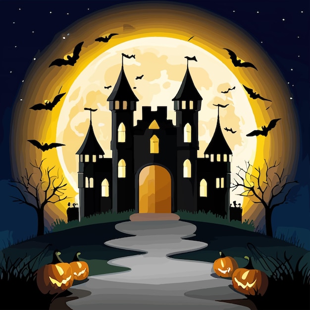 Halloween night background pumpkins and dark castle against background of the moon and bats vector