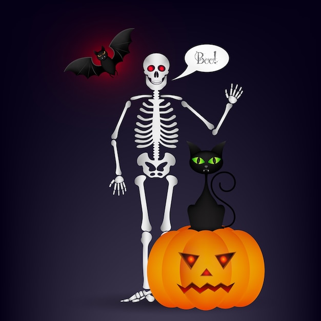 Halloween night background with full moon, cute dancing skeletons and bats.