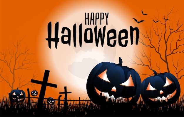 Halloween night background with full Moon on yellow background, Halloween pumpkins