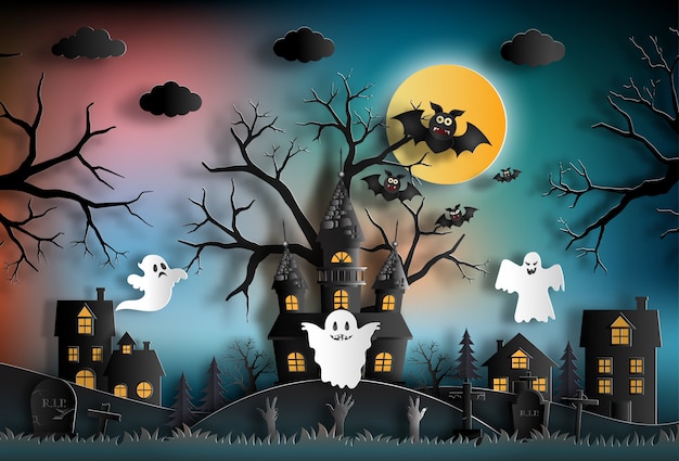 Vector halloween night background with haunted house.