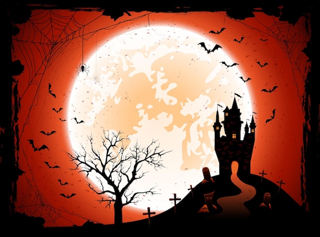 Halloween night background with the Moon castle cemetery and bats illustration
