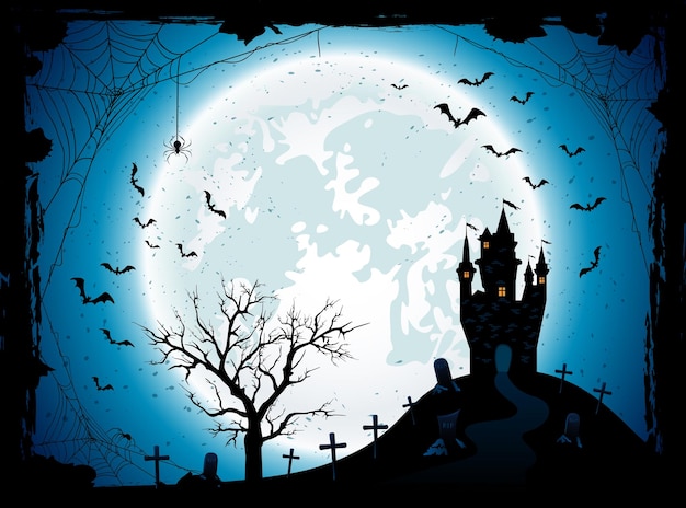 Halloween night background with the Moon castle cemetery bats and spiders illustration