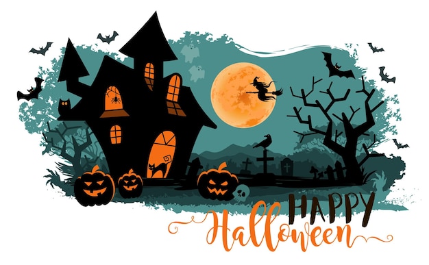 Halloween night background with a moon haunted house cemetery pumpkins and a flying witch