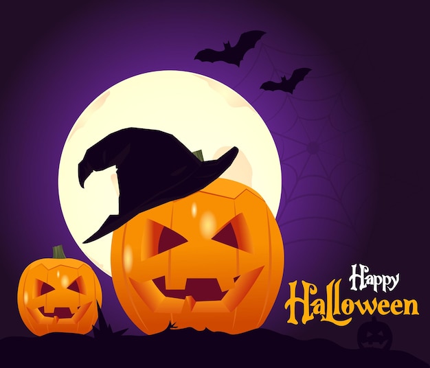 Halloween night background with pumpkin, vector illustration