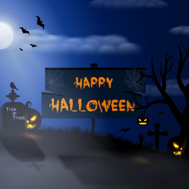 Halloween night background with pumpkins and full moon on graveyard card