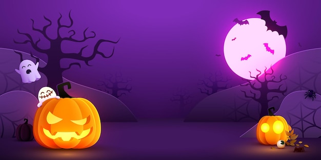 Vector halloween night background with pumpkins trees bats and ghosts vector illustration