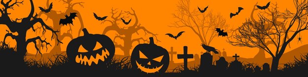 Sfondo di notte di halloween con sagome di cimitero di zucche di halloween e pipistrelli spaventosi